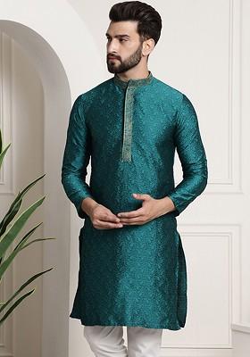 Teal Blue Woven Poly Blend Kurta For Men