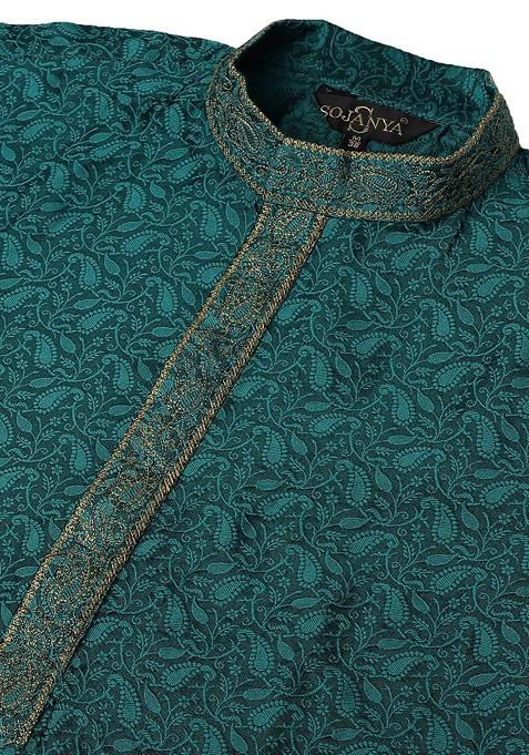 Teal Blue Woven Poly Blend Kurta For Men