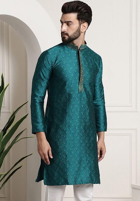 Teal Blue Woven Poly Blend Kurta For Men