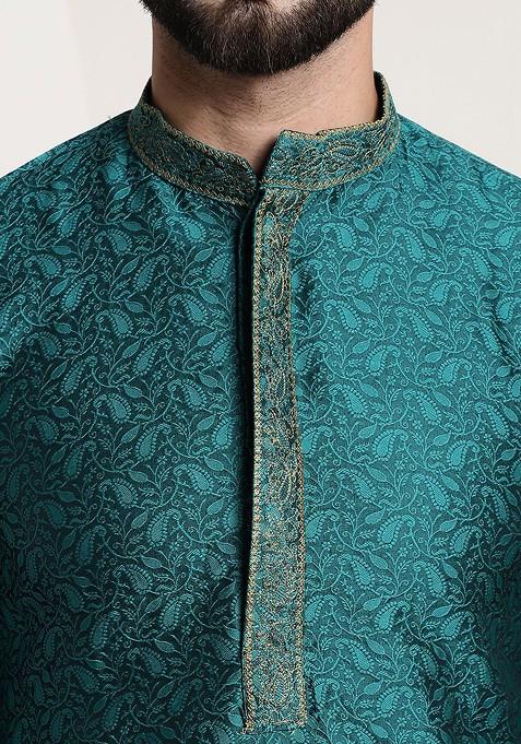 Teal Blue Woven Poly Blend Kurta For Men