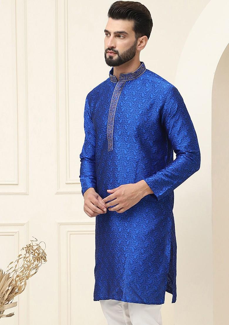 Blue Woven Poly Blend Kurta For Men