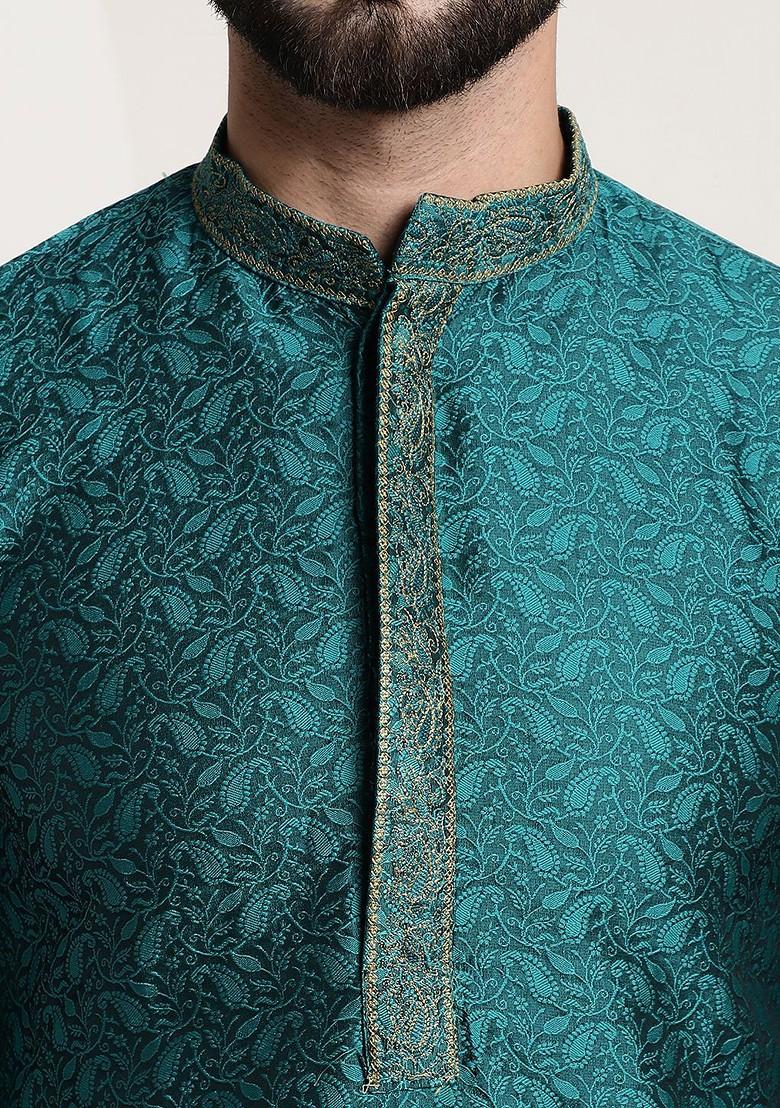Teal Blue Woven Poly Blend Kurta For Men
