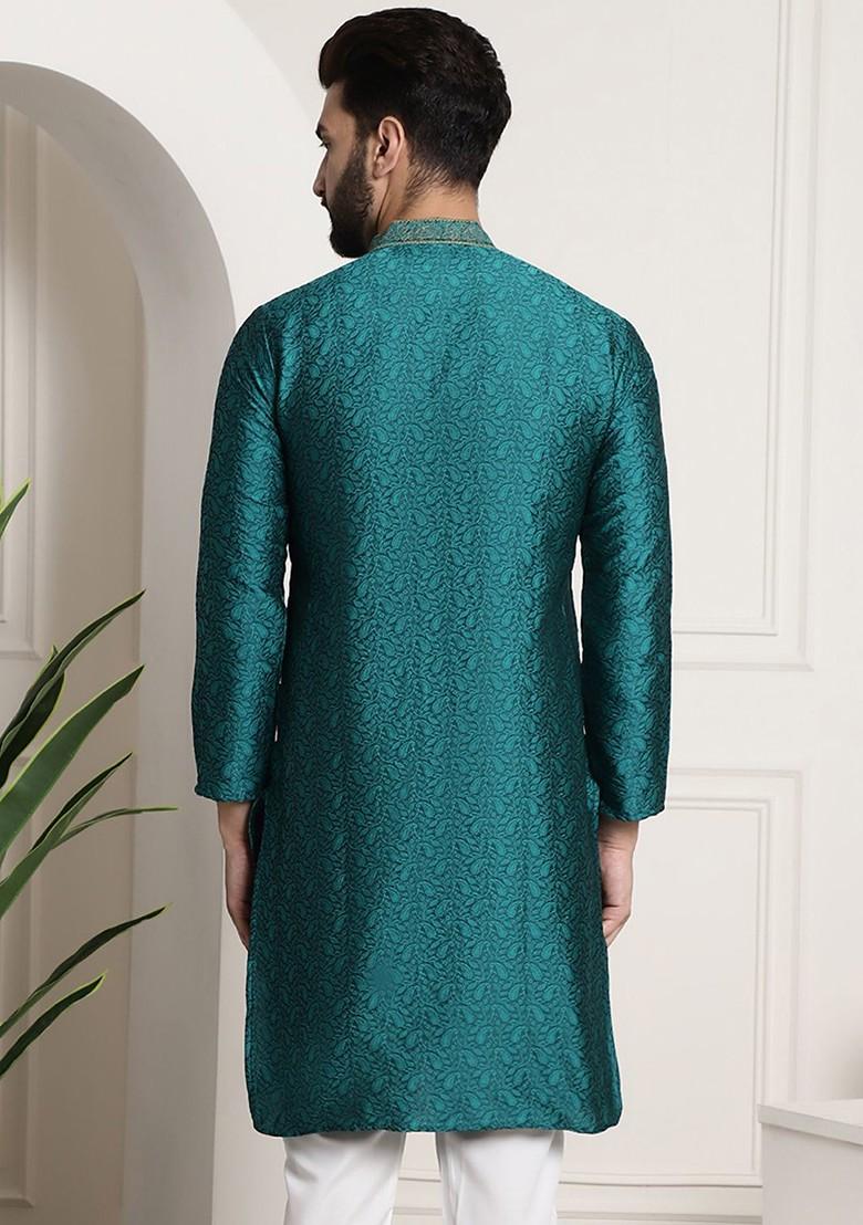 Teal Blue Woven Poly Blend Kurta For Men