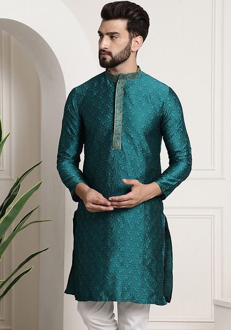 Teal Blue Woven Poly Blend Kurta For Men