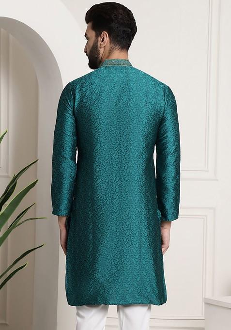 Teal Blue Woven Poly Blend Kurta For Men
