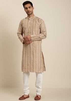 Beige Embroidered Poly Blend Kurta For Men