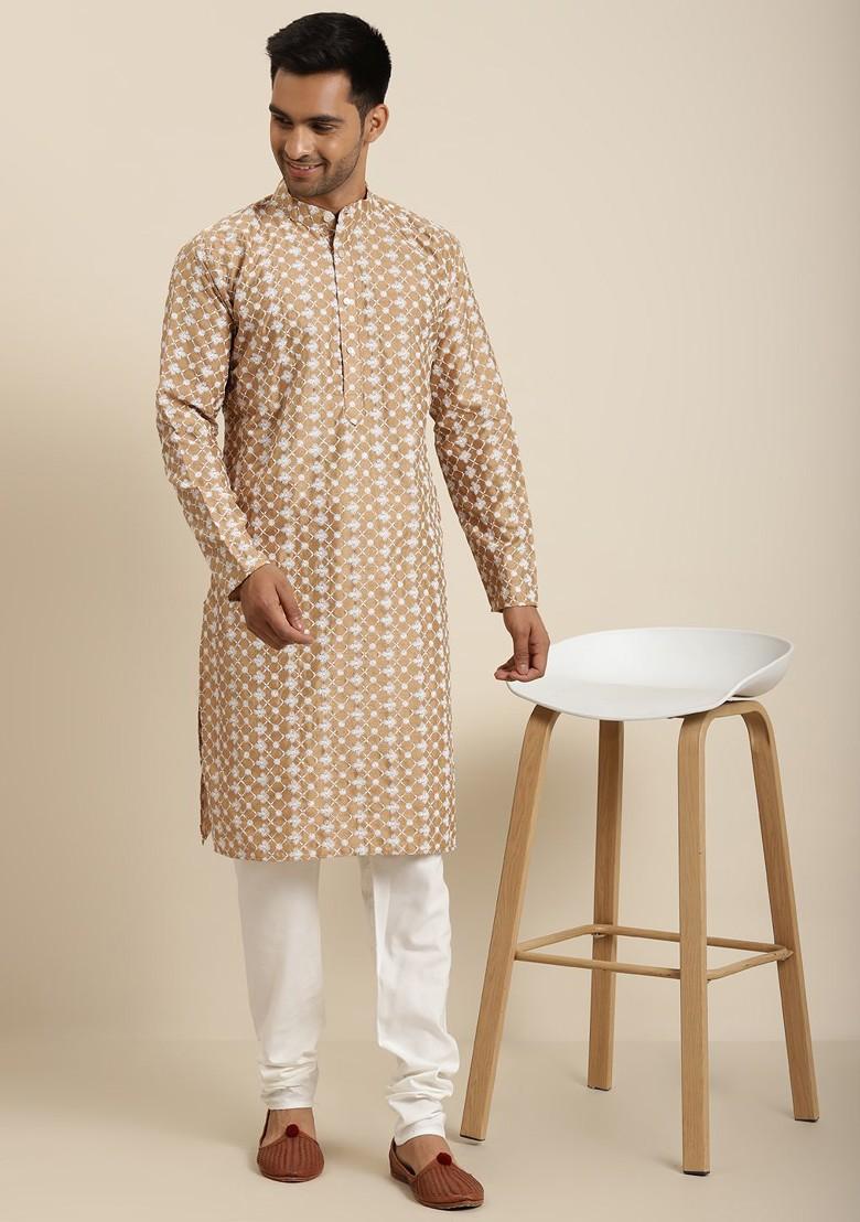 Beige Embroidered Poly Blend Kurta For Men