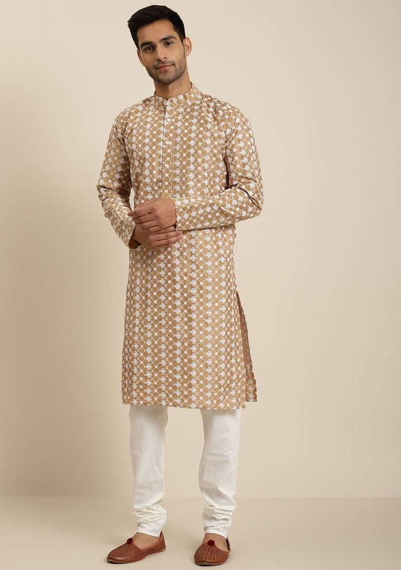 Beige Embroidered Poly Blend Kurta For Men - Indya