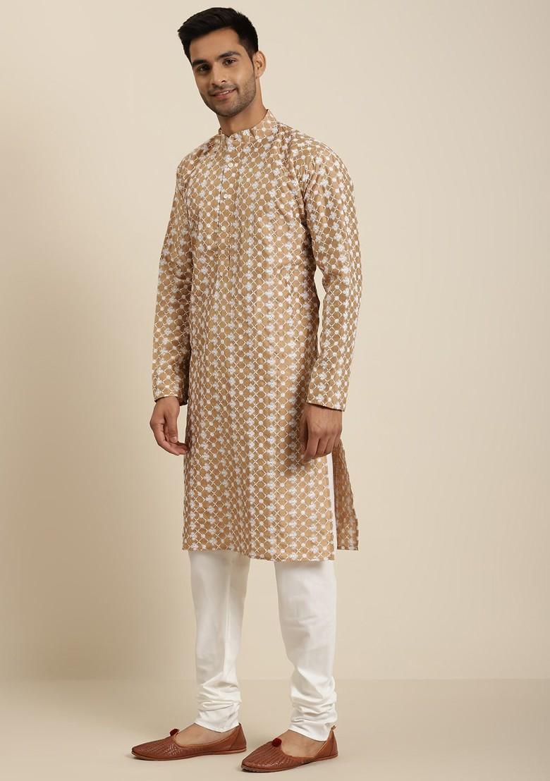 Beige Embroidered Poly Blend Kurta For Men