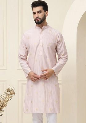 Peach Woven Cotton Kurta For Men