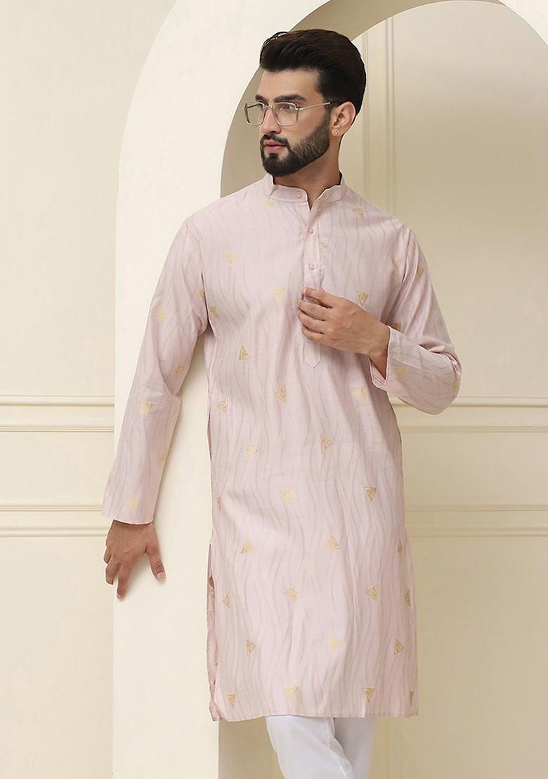 Peach Woven Cotton Kurta For Men