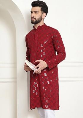 Maroon Embroidered Cotton Kurta For Men