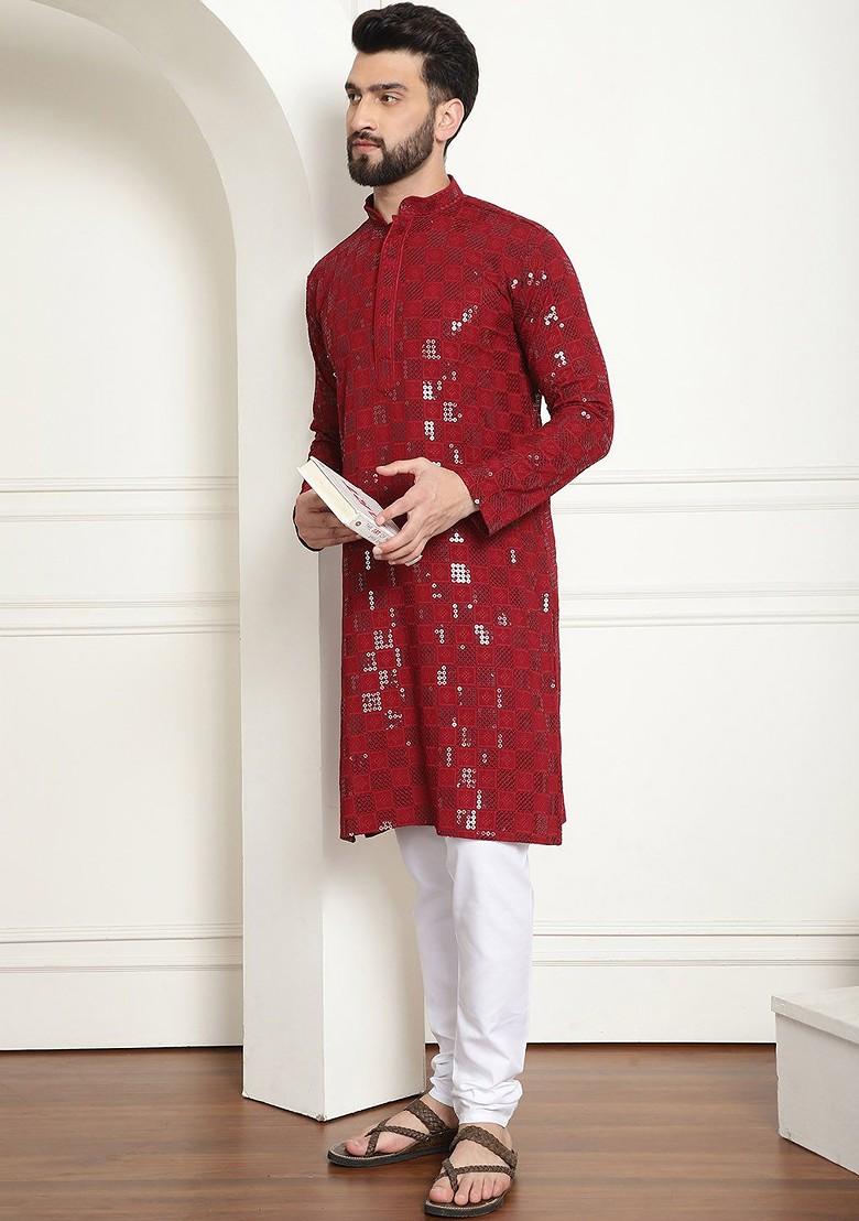 Maroon Embroidered Cotton Kurta For Men