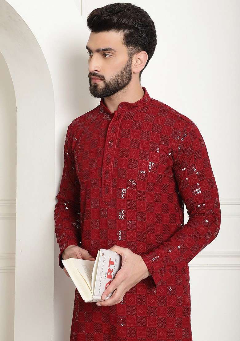 Maroon Embroidered Cotton Kurta For Men - Indya