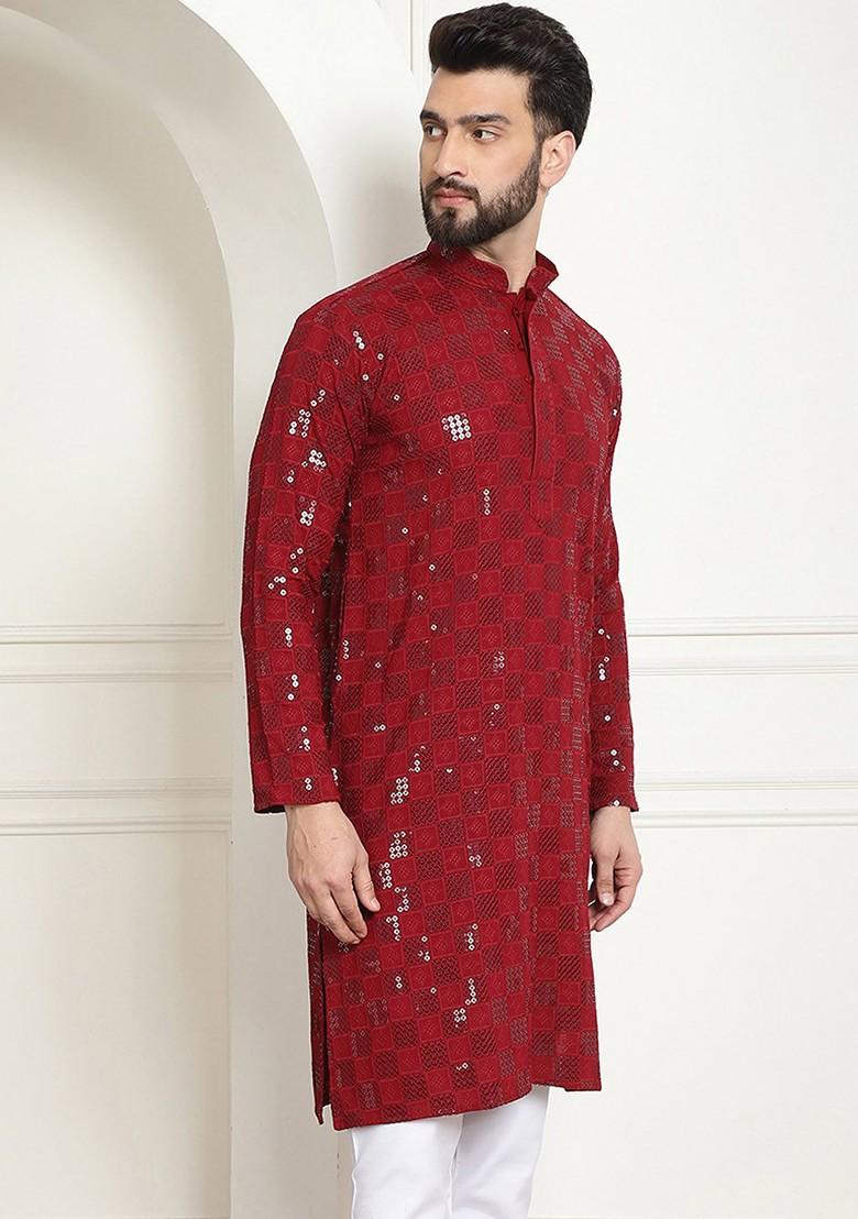 Maroon Embroidered Cotton Kurta For Men