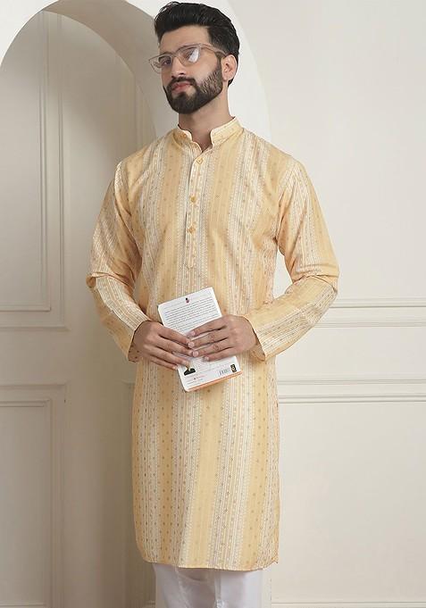 Mustard Ethnic Motifs Silk Kurta For Men — view on Indya