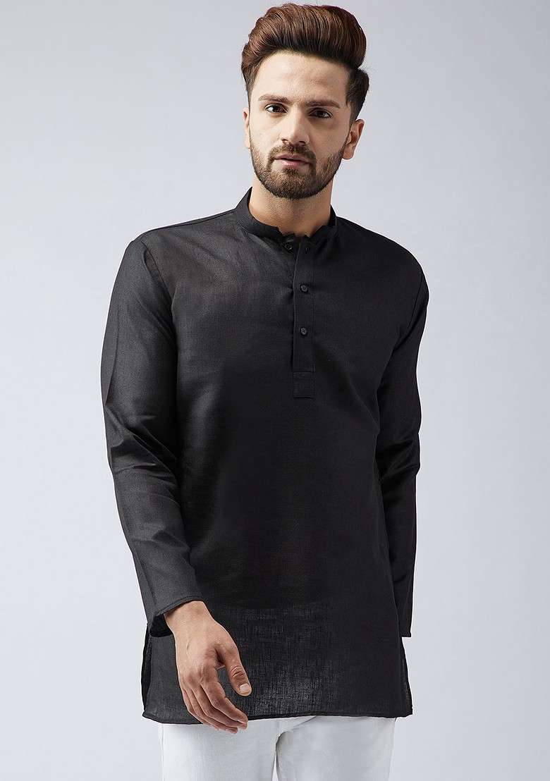 Black Solid Poly Blend Kurta For Men - Indya