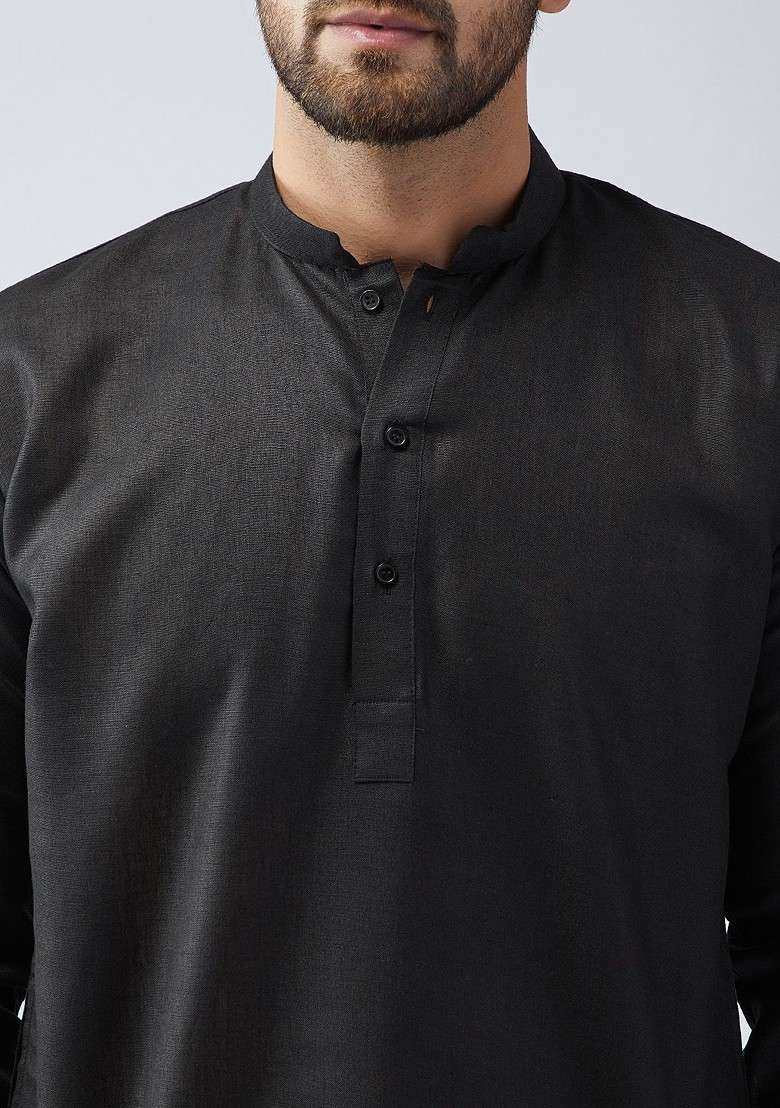 Black Solid Poly Blend Kurta For Men - Indya