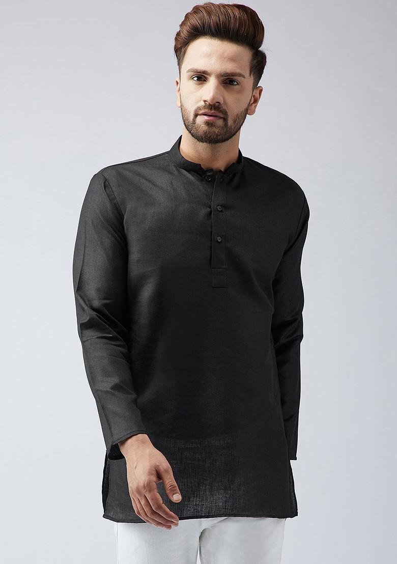 Black Solid Poly Blend Kurta For Men