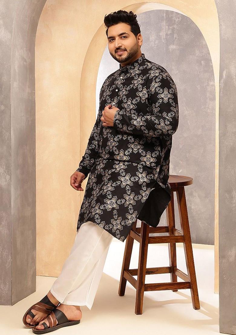 Black Ethnic Motifs Cotton Kurta For Men