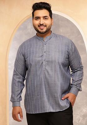 Grey Striped Poly Blend Kurta For Men