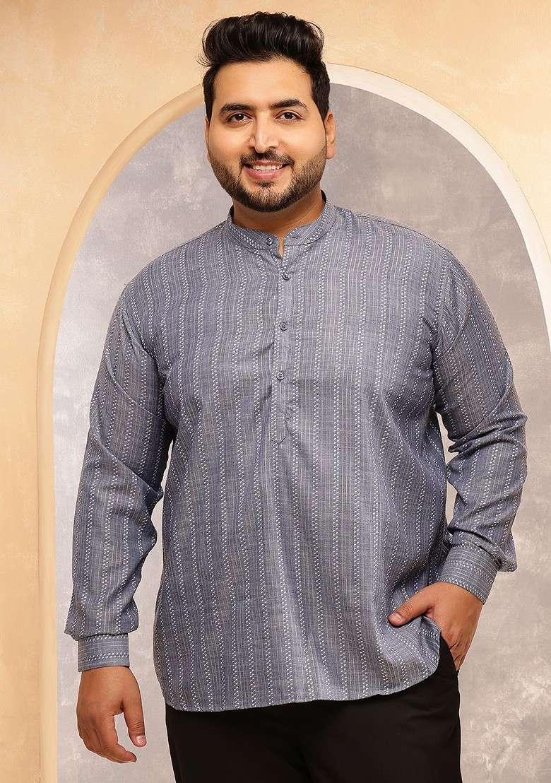 Grey Striped Poly Blend Kurta For Men - Indya