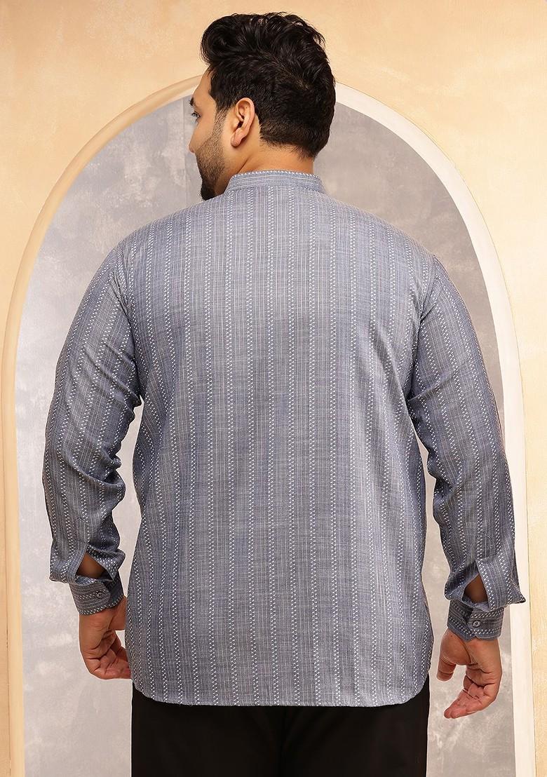 Grey Striped Poly Blend Kurta For Men