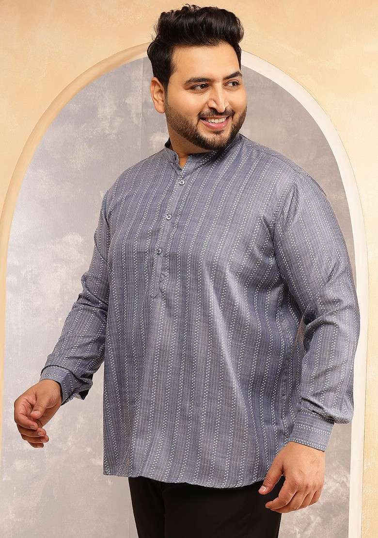 Grey Striped Poly Blend Kurta For Men - Indya
