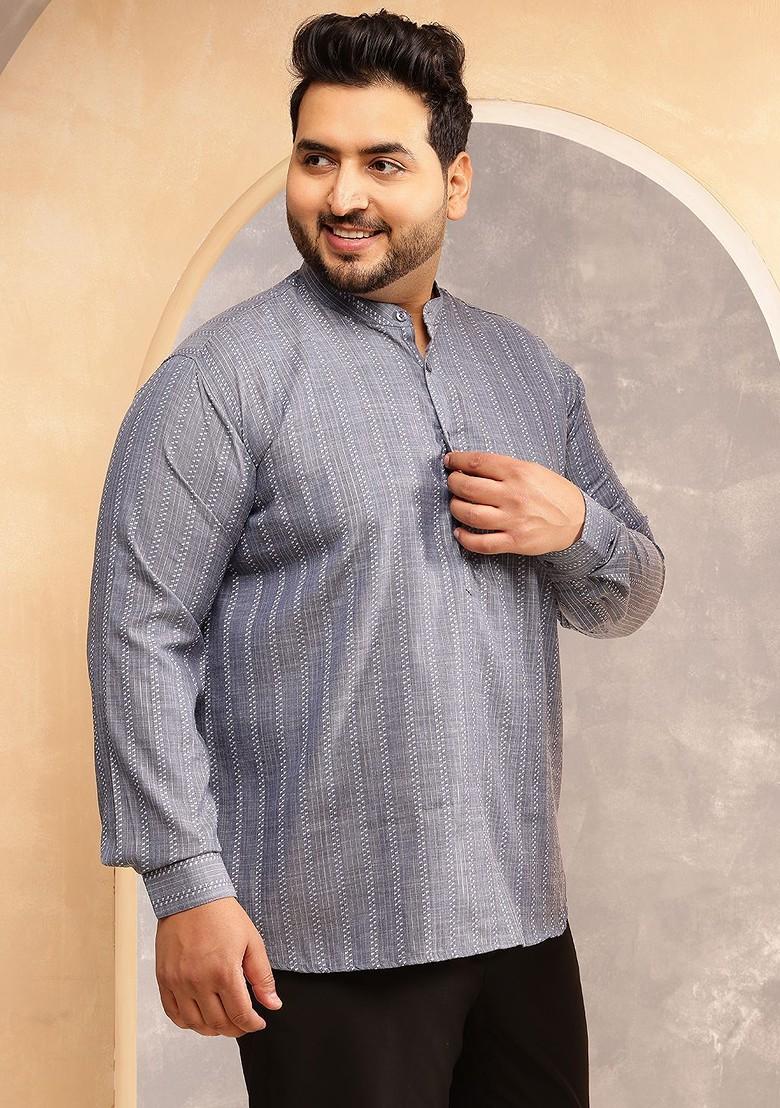 Grey Striped Poly Blend Kurta For Men