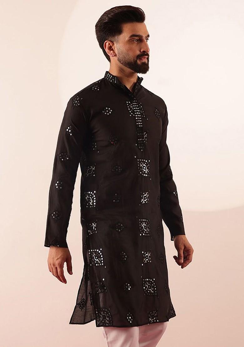 Black Embroidered Poly Blend Kurta For Men
