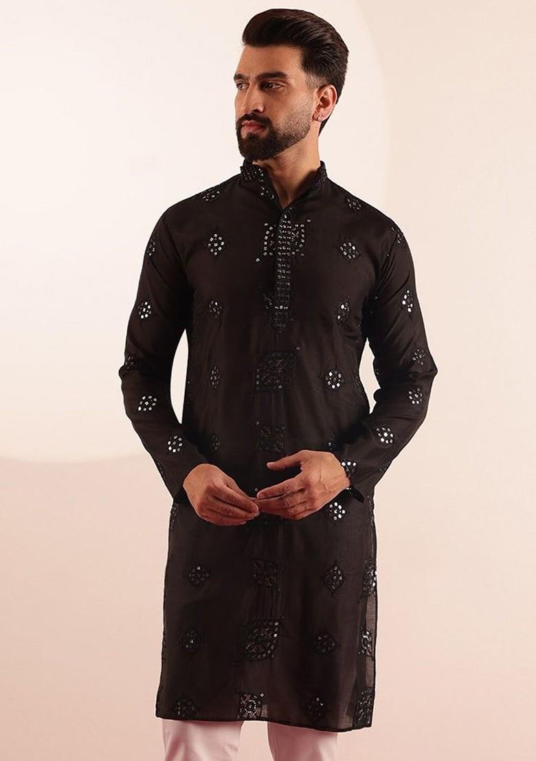 Black Embroidered Poly Blend Kurta For Men