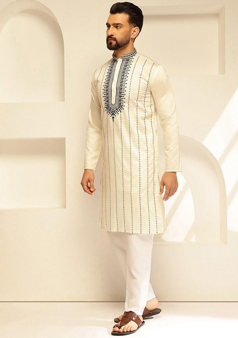 Cream Thread Work Poly Blend Kurta For Men