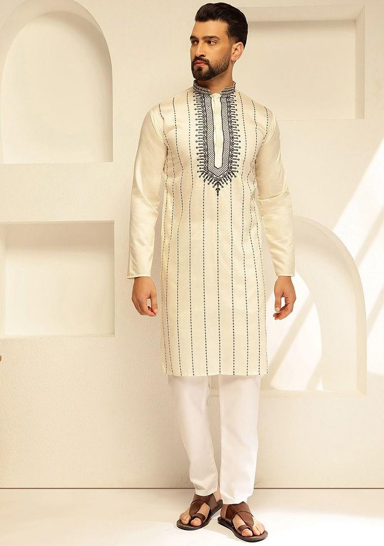 Cream Thread Work Poly Blend Kurta For Men