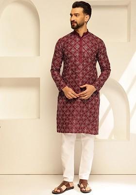 Maroon Thread Work Cotton Kurta For Men