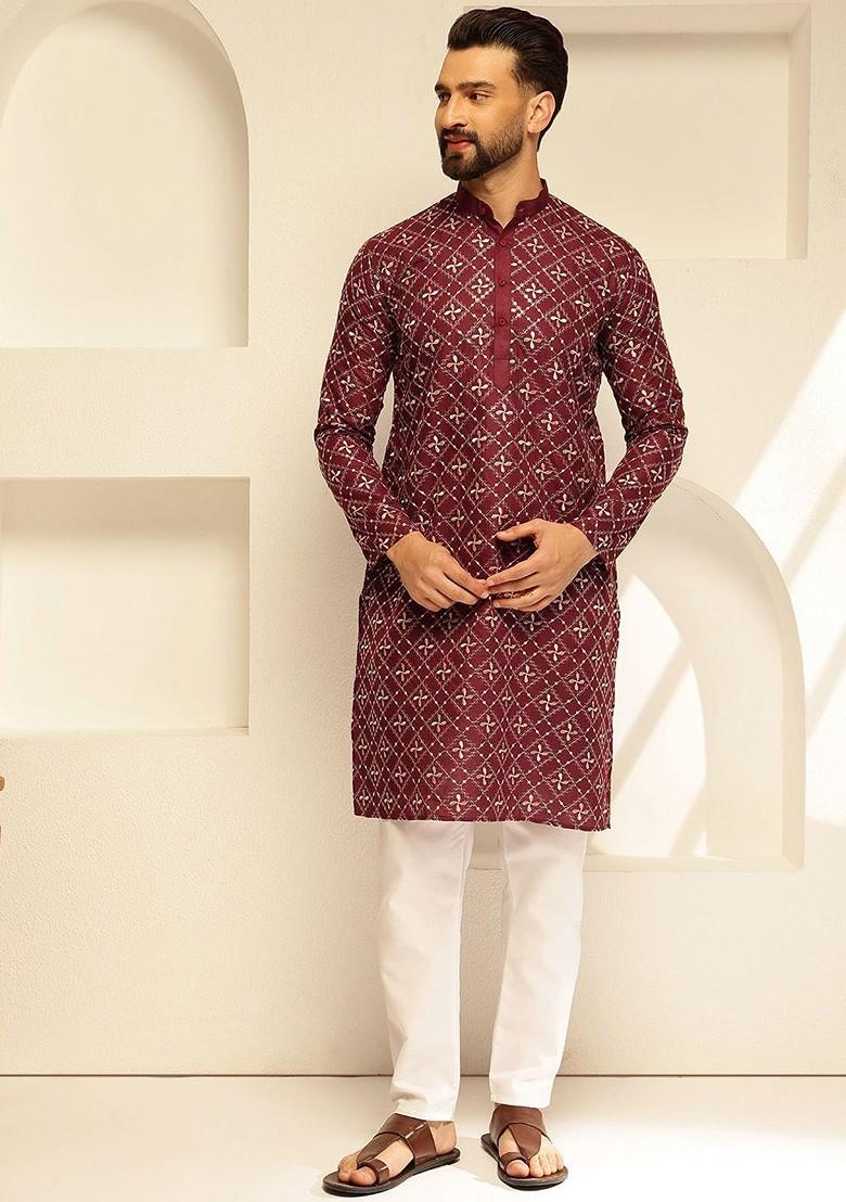 Maroon Thread Work Cotton Kurta For Men