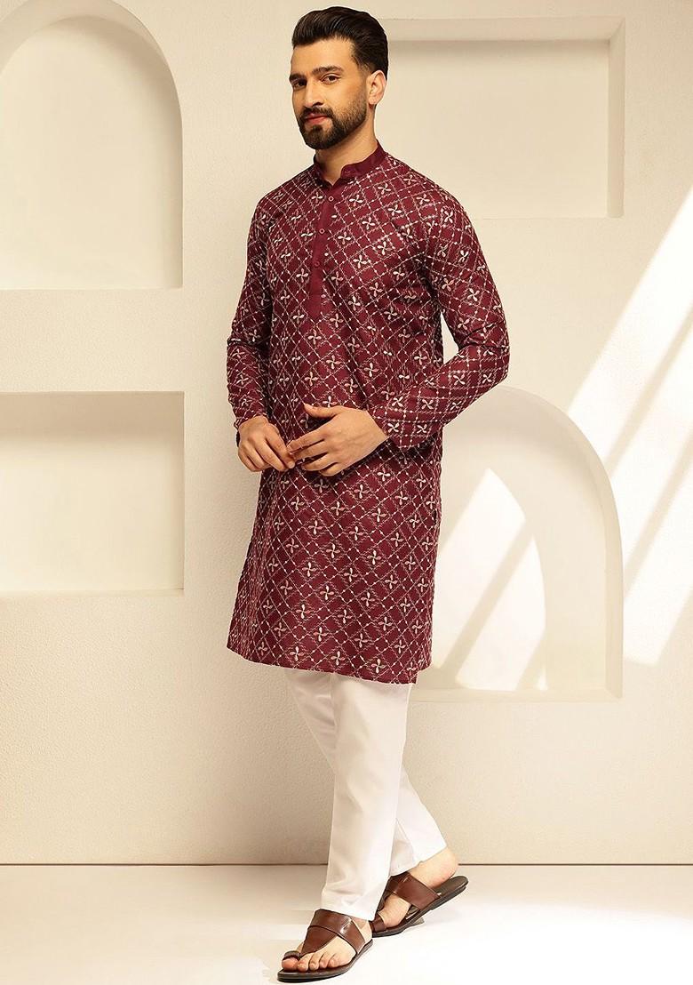 Maroon Thread Work Cotton Kurta For Men