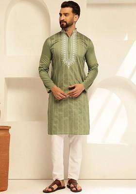 Green Thread Work Cotton Kurta For Men