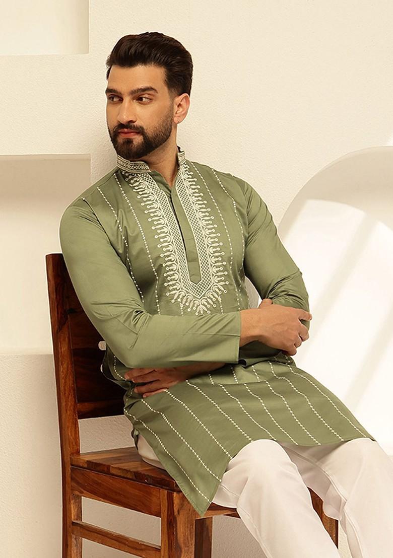 Green Thread Work Cotton Kurta For Men