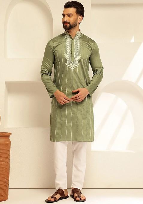 Green Thread Work Cotton Kurta For Men