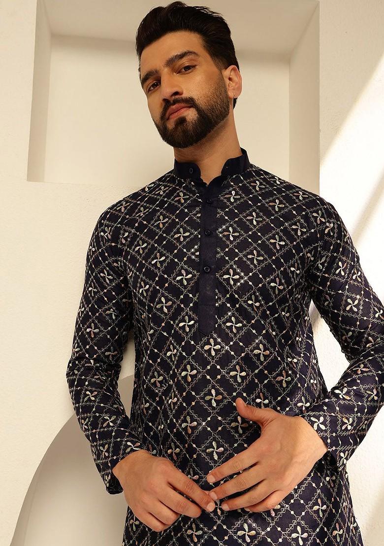 Navy Blue Thread Work Cotton Kurta For Men