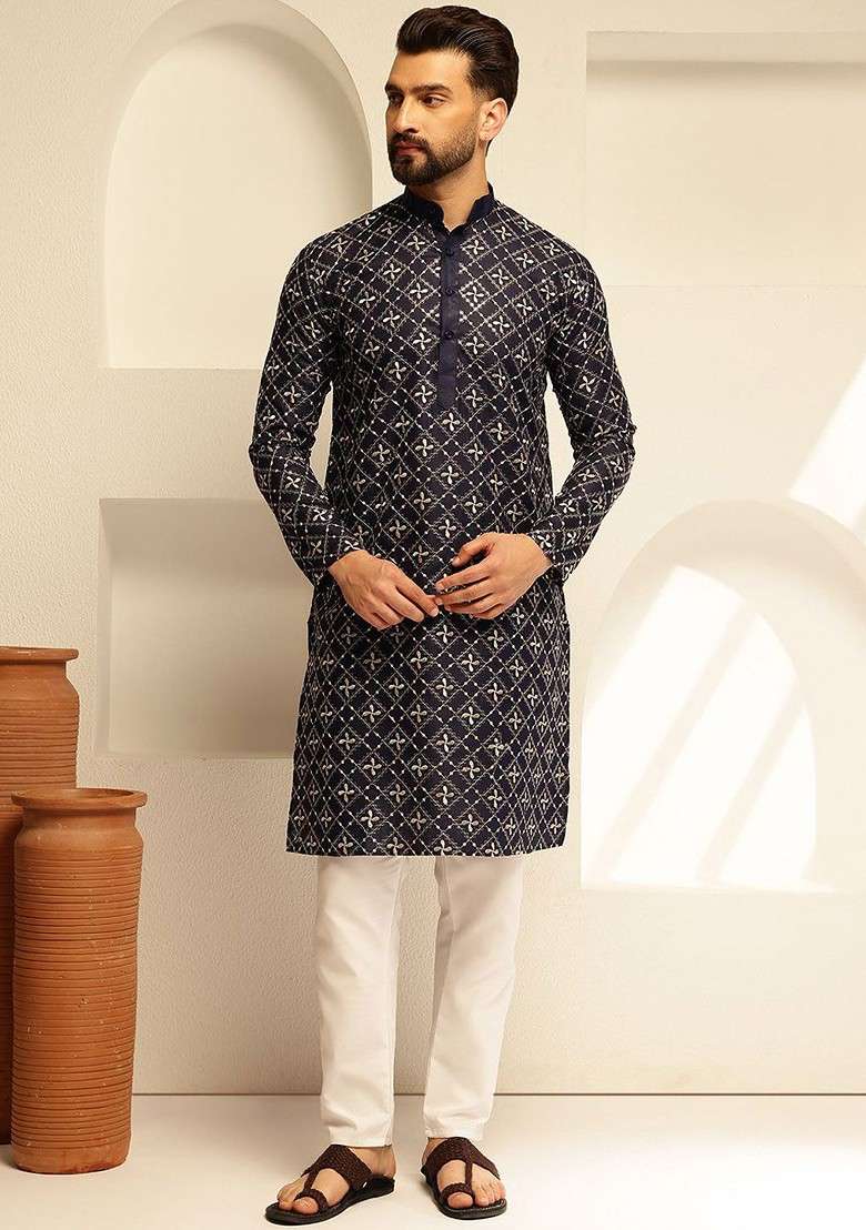 Navy Blue Thread Work Cotton Kurta For Men - Indya