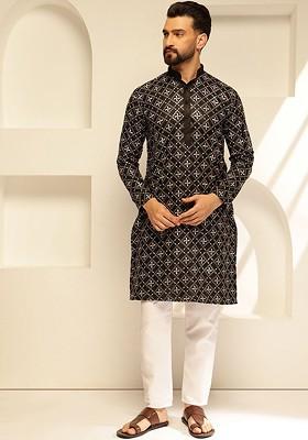 Black Thread Work Cotton Kurta For Men