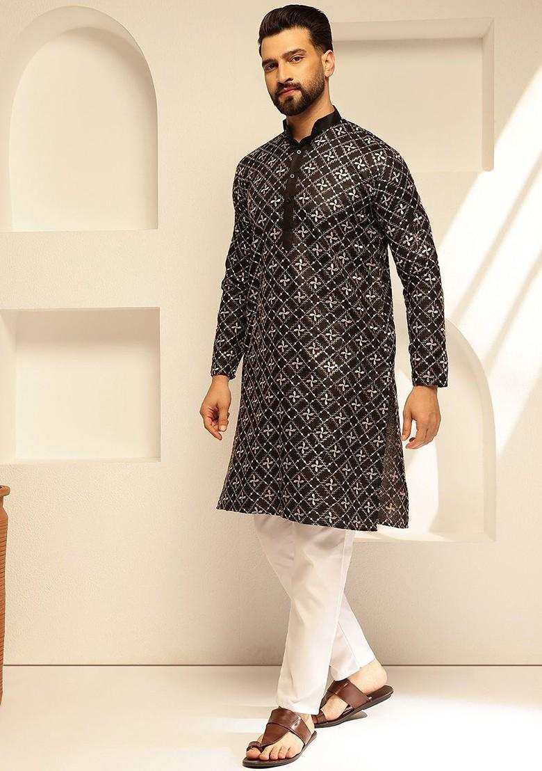 Black Thread Work Cotton Kurta For Men