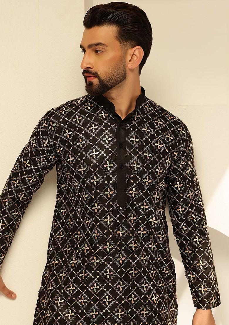 Black Thread Work Cotton Kurta For Men