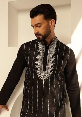 Black Thread Work Cotton Kurta For Men
