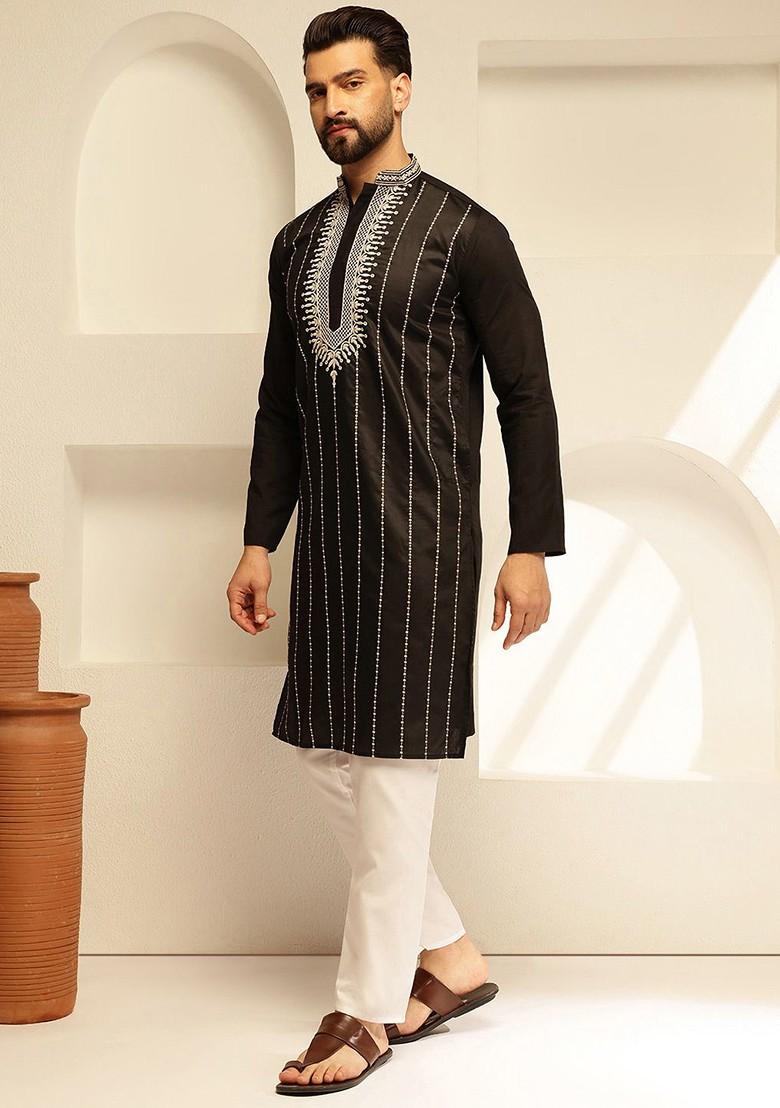 Black Thread Work Cotton Kurta For Men