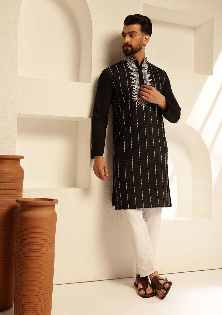 Black Thread Work Cotton Kurta For Men