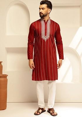 Maroon Thread Work Cotton Kurta For Men