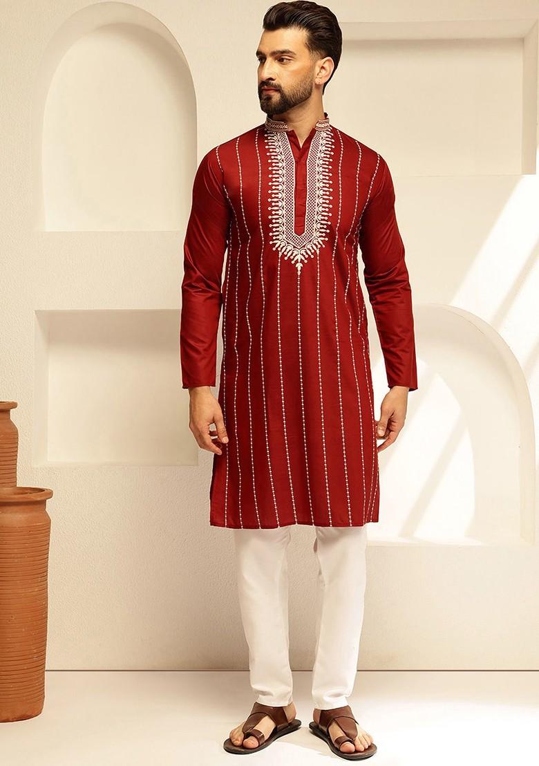 Maroon Thread Work Cotton Kurta For Men