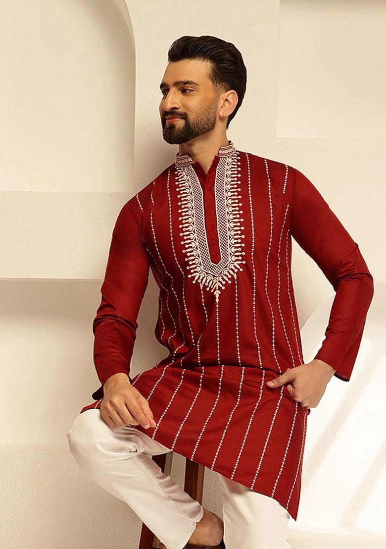 Maroon Thread Work Cotton Kurta For Men